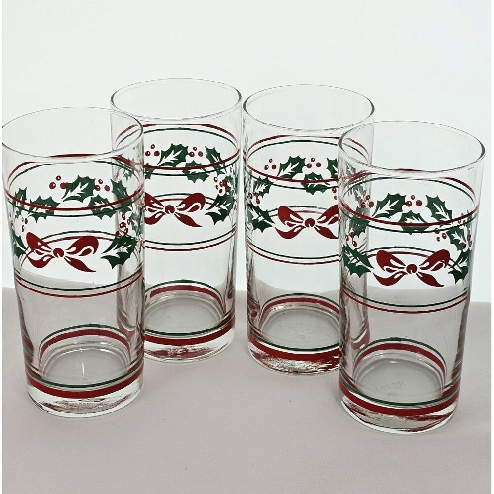4 Holly & Red Bow Christmas Highball Glasses Tumblers 5.5" holiday Brazil 12oz